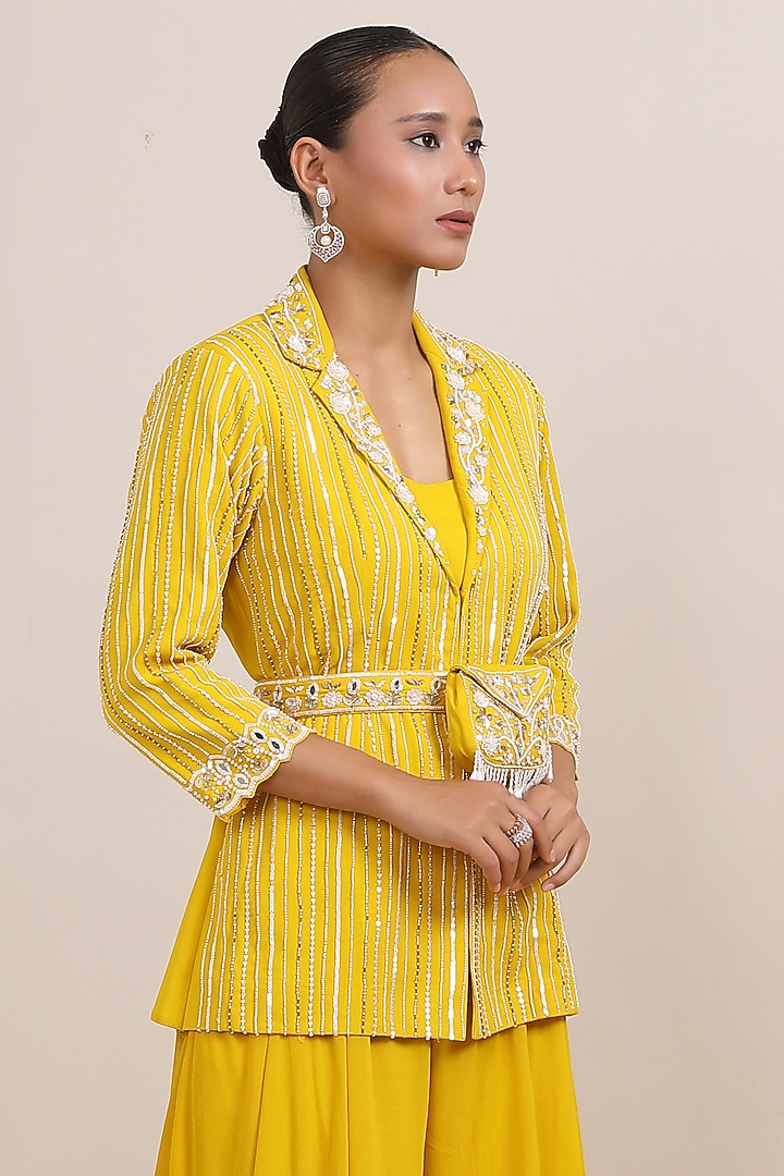 Yellow Triple Georgette Mirror Embroidered Jacket Set by Miku Kumar at Pernia's Pop Up Shop