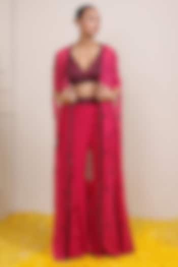 Hot Pink Georgette Hand Embroidered Cape Set by Miku Kumar