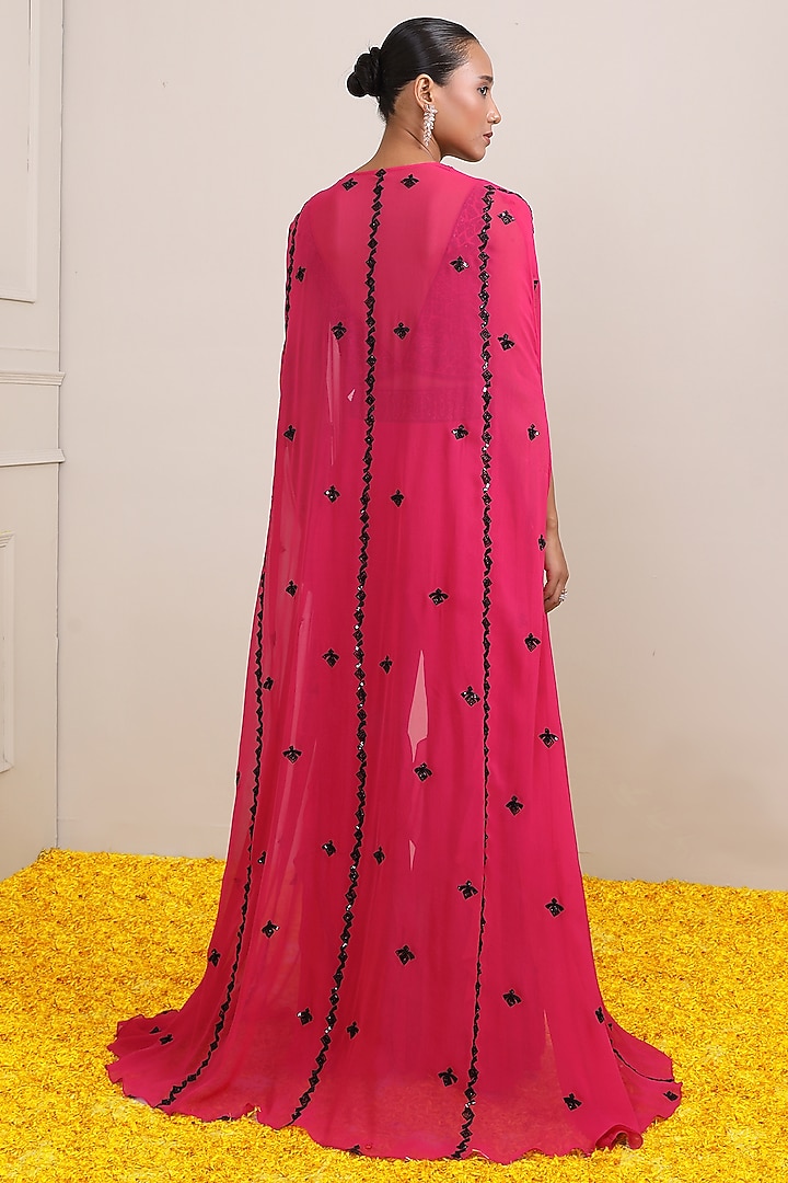 Hot Pink Georgette Hand Embroidered Cape Set by Miku Kumar at Pernia's Pop Up Shop