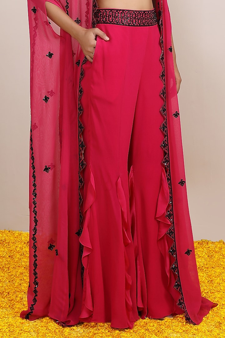 Hot Pink Georgette Hand Embroidered Cape Set by Miku Kumar at Pernia's Pop Up Shop