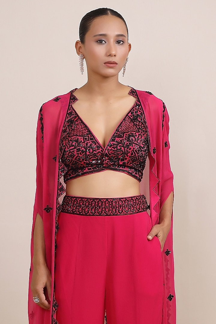 Hot Pink Georgette Hand Embroidered Cape Set by Miku Kumar at Pernia's Pop Up Shop
