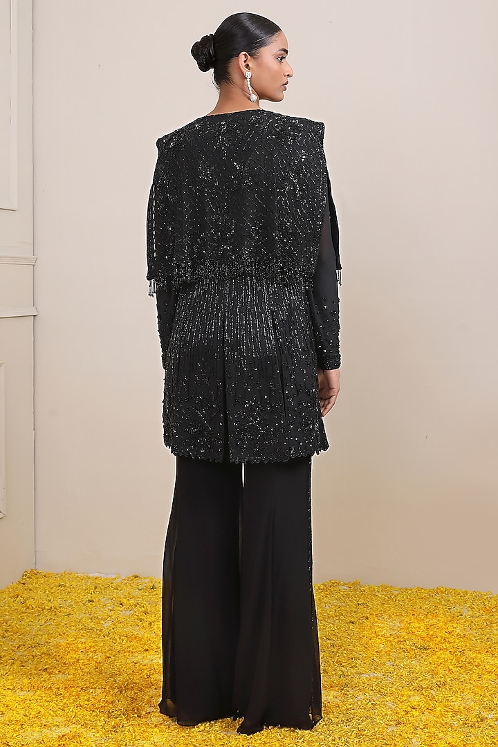 Black Georgette & Net Hand Embellished Jacket Set by Miku Kumar at Pernia's Pop Up Shop