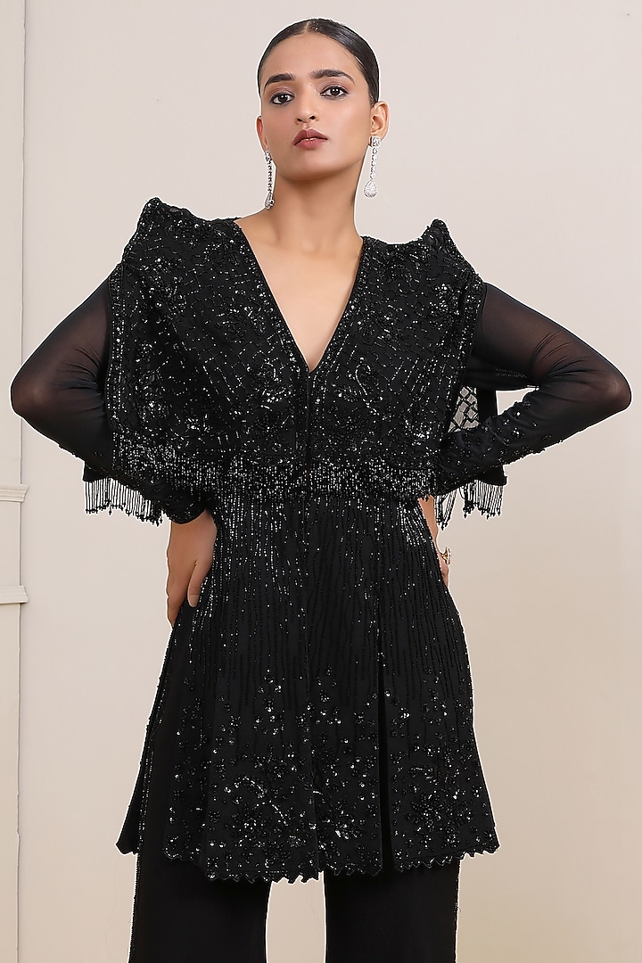 Black Georgette & Net Hand Embellished Jacket Set by Miku Kumar at Pernia's Pop Up Shop