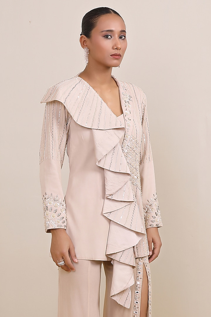 Ivory Georgette Hand Embroidered Jacket Set by Miku Kumar at Pernia's Pop Up Shop