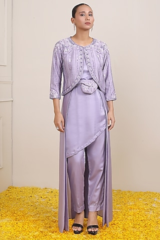 Lilac Silk & Modal Satin Hand Embroidered Jacket Set by Miku Kumar