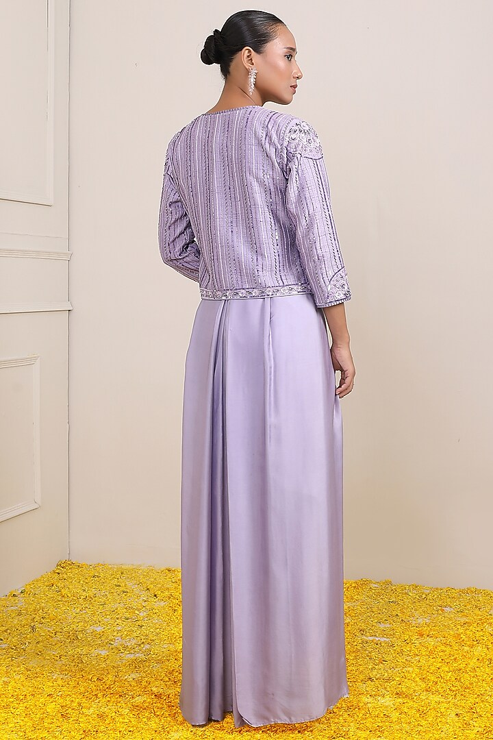 Lilac Silk & Modal Satin Hand Embroidered Jacket Set by Miku Kumar at Pernia's Pop Up Shop