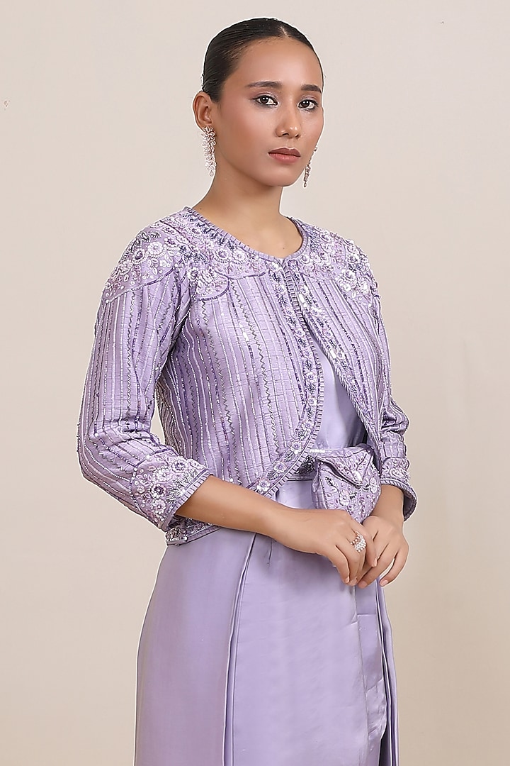 Lilac Silk & Modal Satin Hand Embroidered Jacket Set by Miku Kumar at Pernia's Pop Up Shop