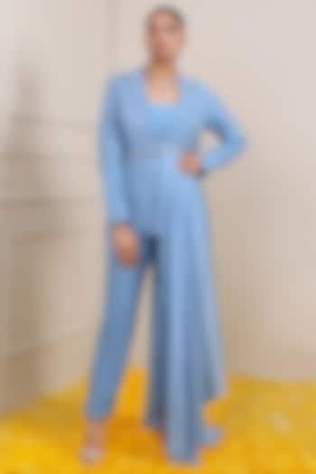 Blue Georgette Hand Embroidered Jacket Set by Miku Kumar at Pernia's Pop Up Shop