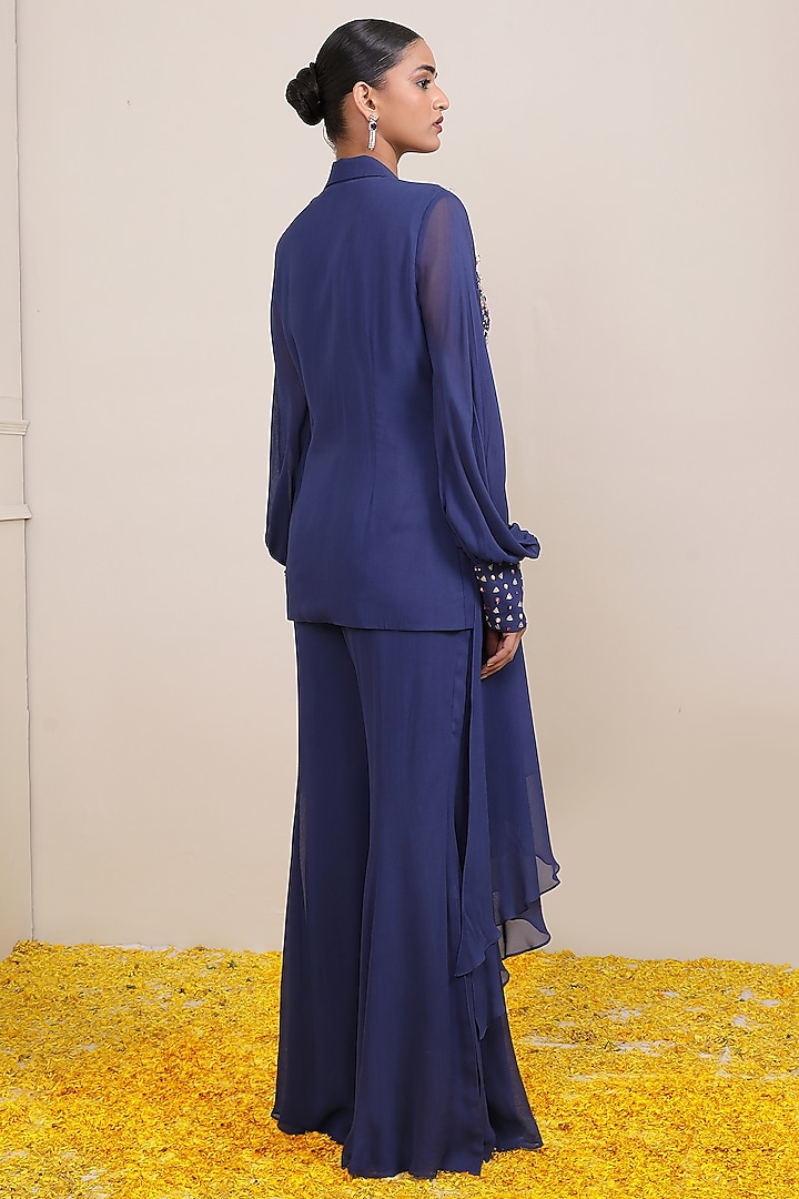 Navy Blue Georgette Hand Embroidered Jacket Set by Miku Kumar at Pernia's Pop Up Shop