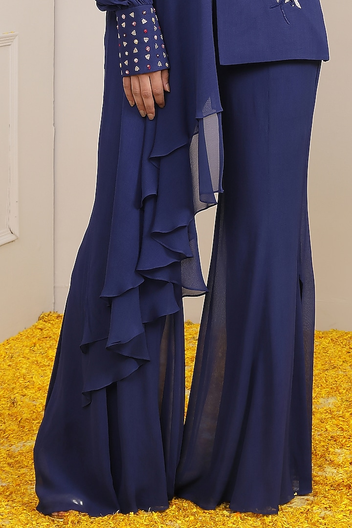 Navy Blue Georgette Hand Embroidered Jacket Set by Miku Kumar at Pernia's Pop Up Shop