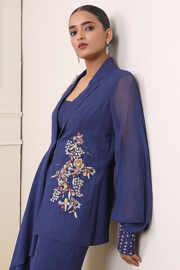 Navy Blue Georgette Hand Embroidered Jacket Set by Miku Kumar at Pernia's Pop Up Shop