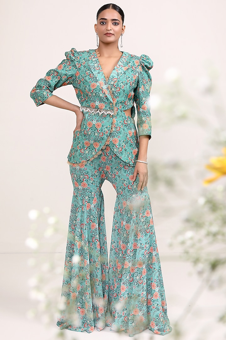 Green Chanderi Silk & Georgette Party Wear Sharara Set by Miku Kumar at Pernia's Pop Up Shop
