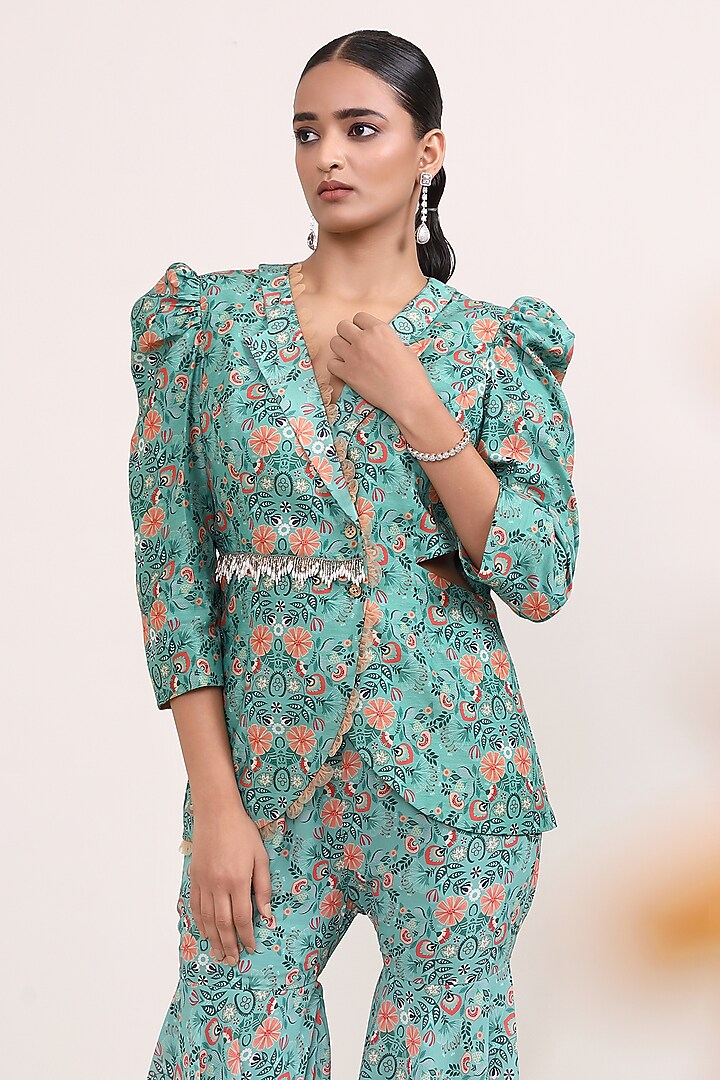 Green Chanderi Silk & Georgette Party Wear Sharara Set by Miku Kumar at Pernia's Pop Up Shop