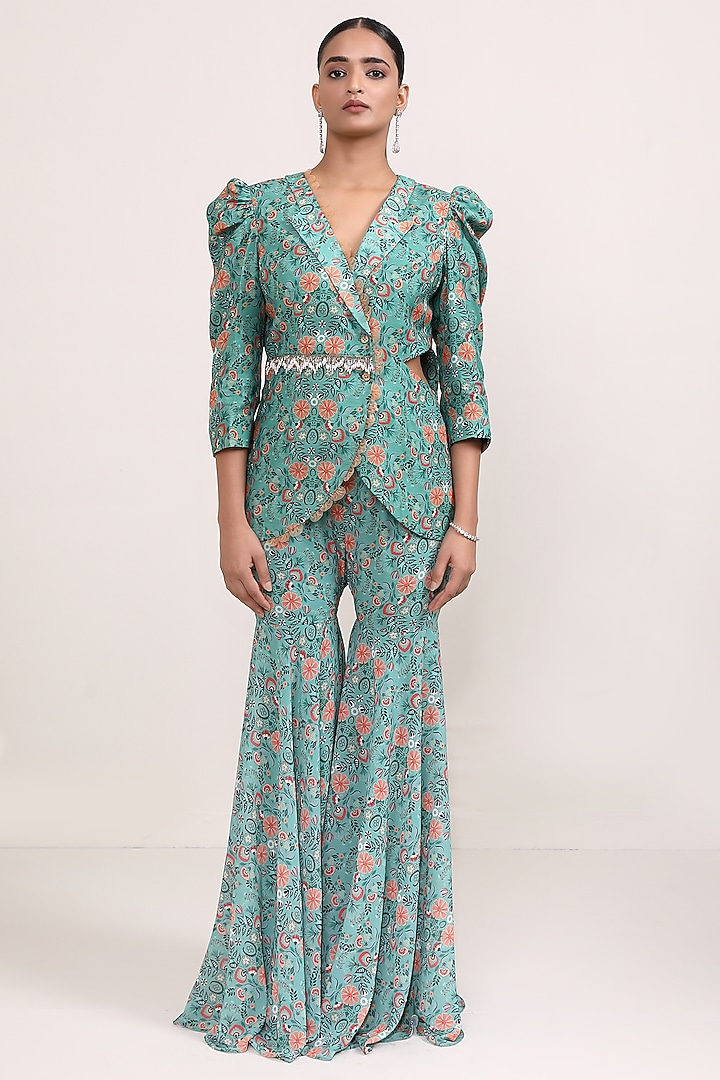 Green Chanderi Silk & Georgette Party Wear Sharara Set by Miku Kumar at Pernia's Pop Up Shop
