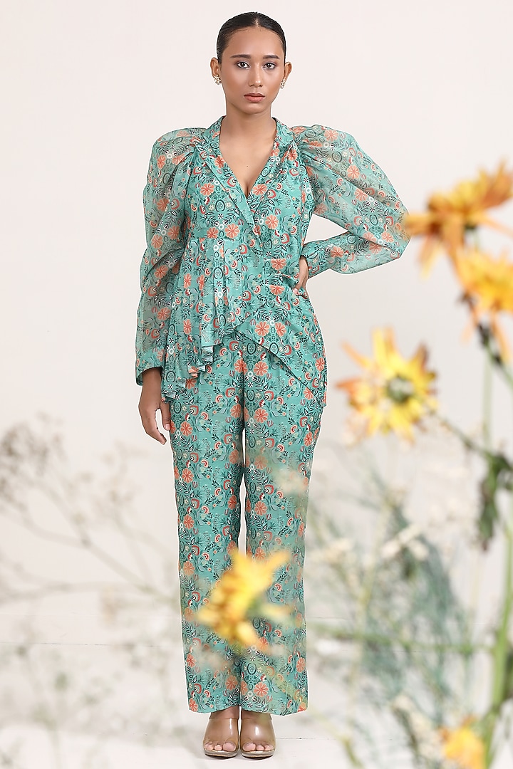 Green Chanderi Silk & Organza Printed Co-Ord Set by Miku Kumar at Pernia's Pop Up Shop