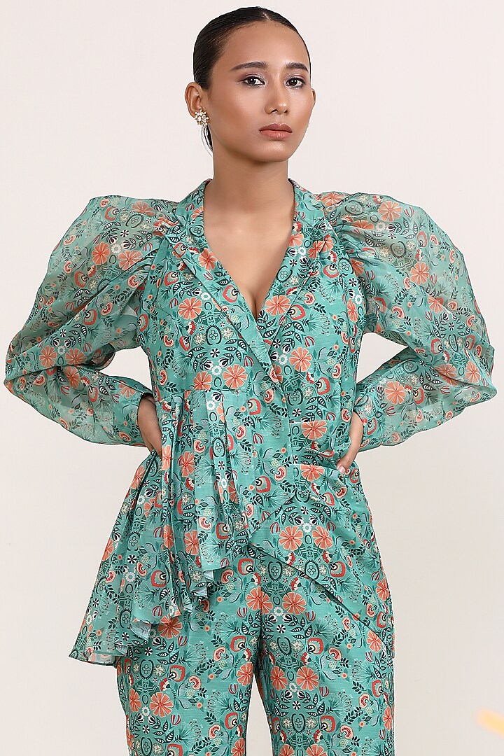 Green Chanderi Silk & Organza Printed Co-Ord Set by Miku Kumar at Pernia's Pop Up Shop