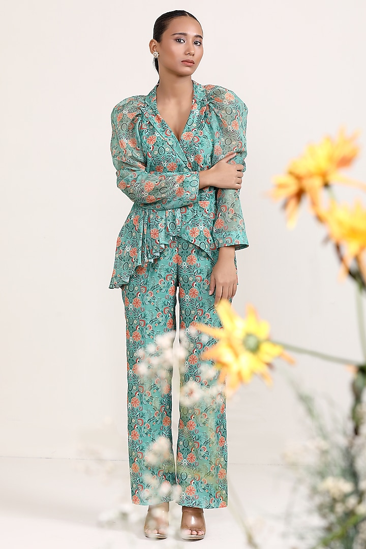 Green Chanderi Silk & Organza Printed Co-Ord Set by Miku Kumar at Pernia's Pop Up Shop