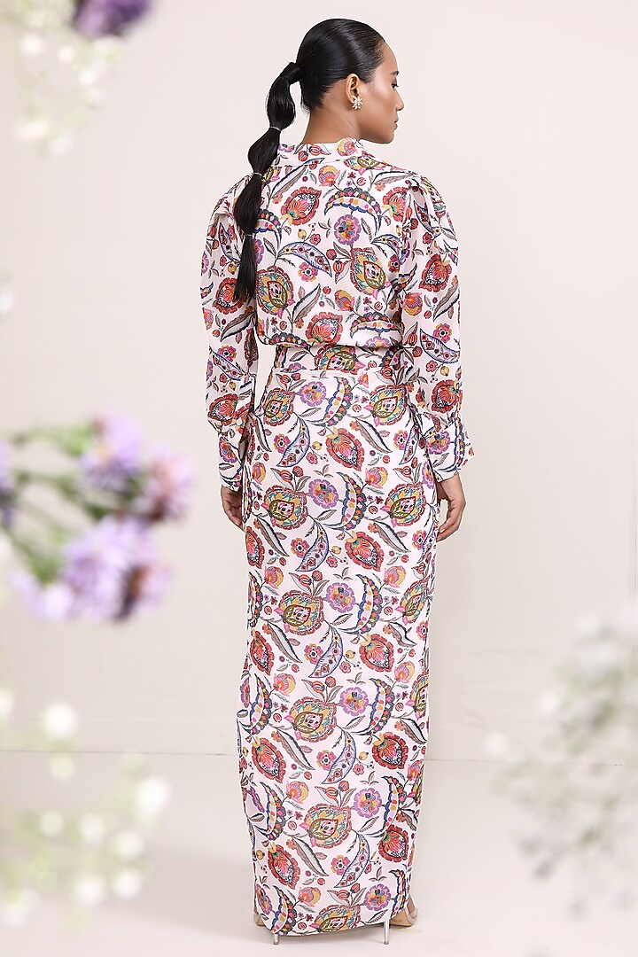 White Georgette Printed Draped Skirt Set by Miku Kumar at Pernia's Pop Up Shop