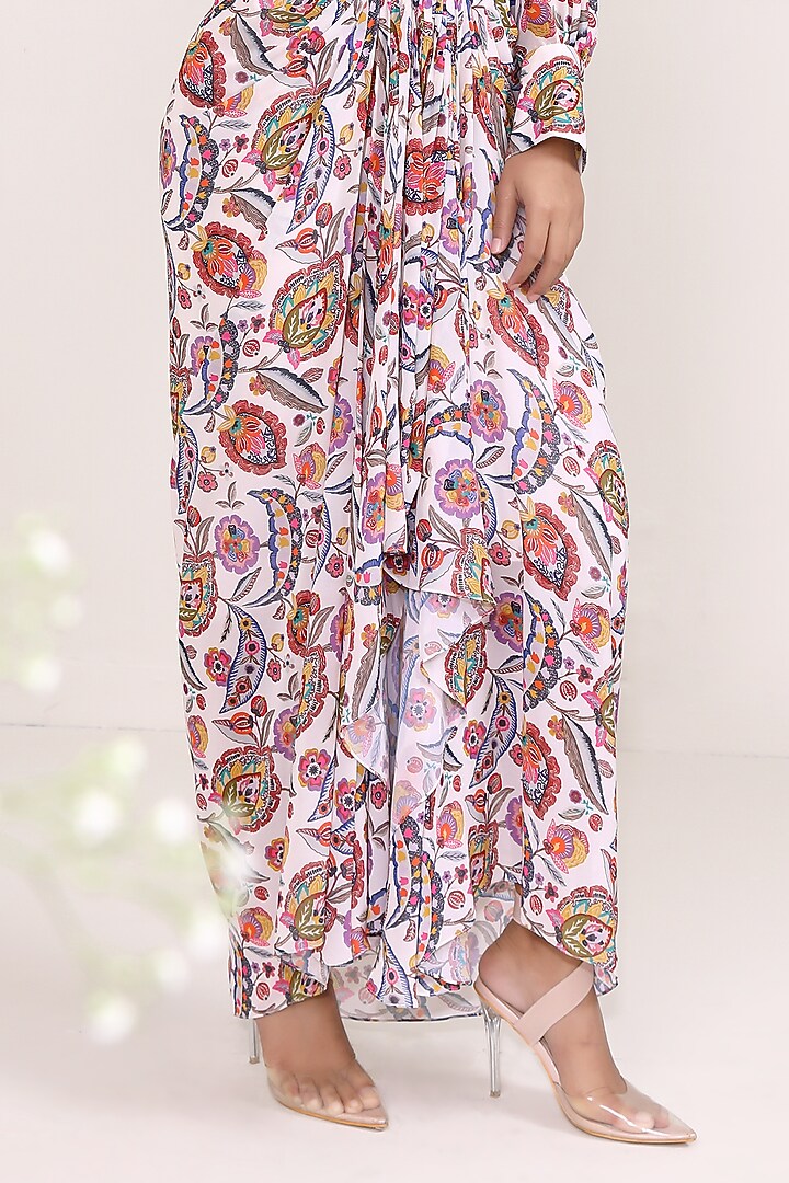 White Georgette Printed Draped Skirt Set by Miku Kumar at Pernia's Pop Up Shop