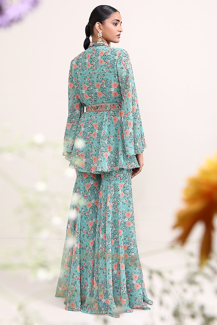 Green Georgette Printed Party Wear Sharara Set by Miku Kumar at Pernia's Pop Up Shop