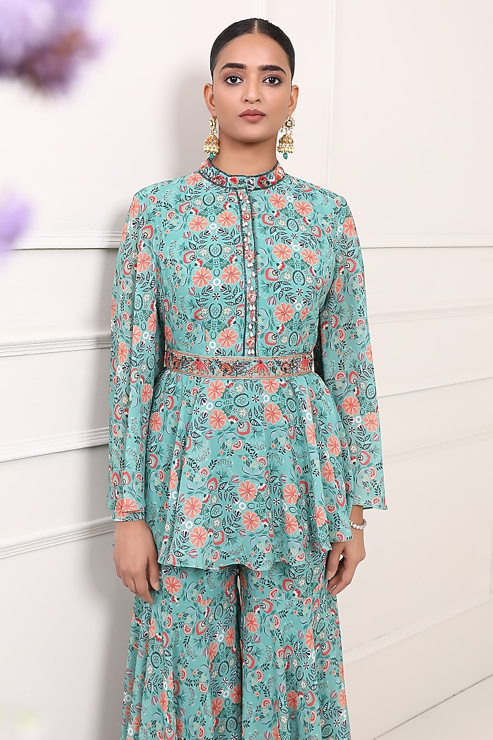 Green Georgette Printed Party Wear Sharara Set by Miku Kumar at Pernia's Pop Up Shop
