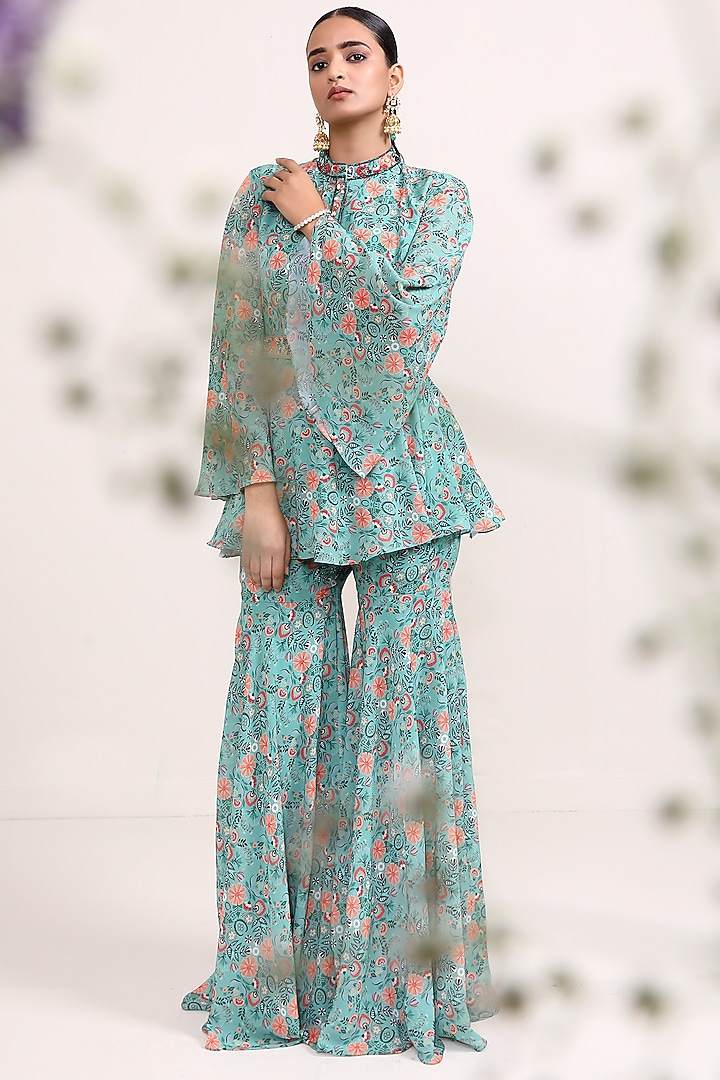 Green Georgette Printed Party Wear Sharara Set by Miku Kumar at Pernia's Pop Up Shop