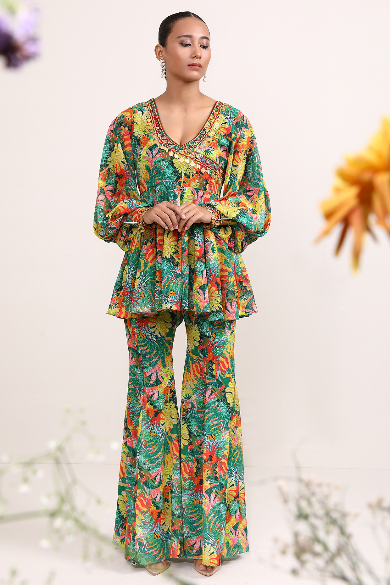 Green Georgette Printed Co-Ord Set by Miku Kumar at Pernia's Pop Up Shop