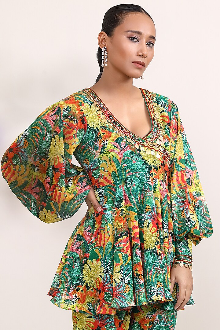 Green Georgette Printed Co-Ord Set by Miku Kumar at Pernia's Pop Up Shop