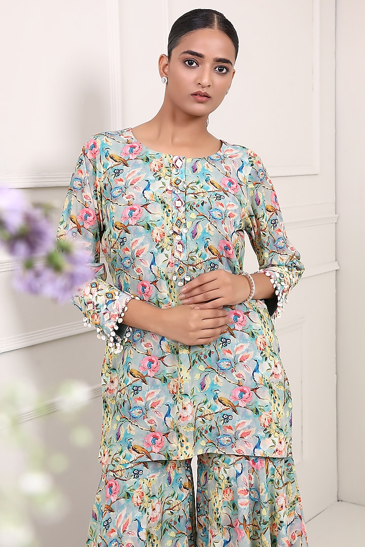 Blue Georgette Printed Party Wear Sharara Set by Miku Kumar at Pernia's Pop Up Shop