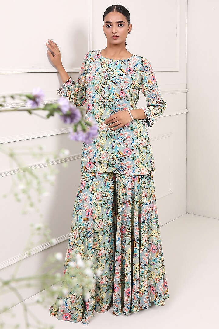 Blue Georgette Printed Party Wear Sharara Set by Miku Kumar at Pernia's Pop Up Shop