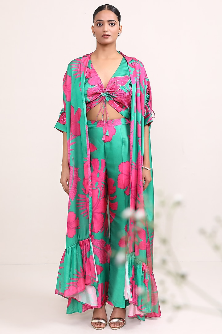 Green & Pink Silk Printed Co-Ord Set by Miku Kumar at Pernia's Pop Up Shop