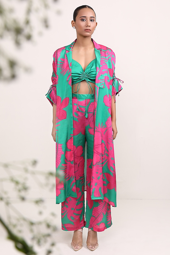 Green & Pink Silk Printed Co-Ord Set by Miku Kumar