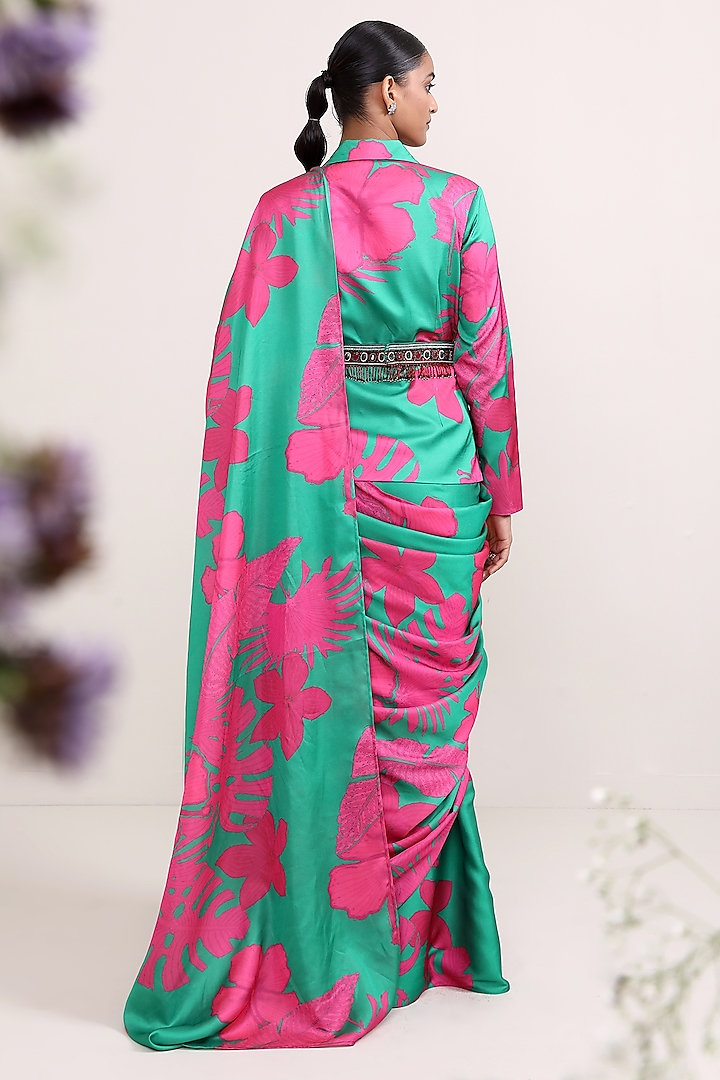 Green & Pink Silk Printed Draped Jacket Party Wear Saree Set by Miku Kumar at Pernia's Pop Up Shop