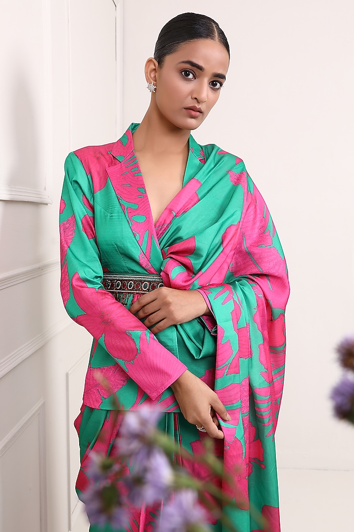 Green & Pink Silk Printed Draped Jacket Party Wear Saree Set by Miku Kumar at Pernia's Pop Up Shop