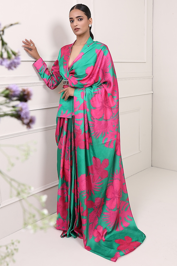 Green & Pink Silk Printed Draped Jacket Party Wear Saree Set by Miku Kumar at Pernia's Pop Up Shop