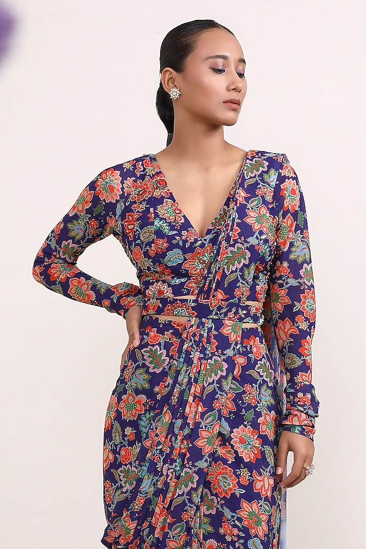 Purple Georgette Printed Draped Party Wear Saree Set by Miku Kumar at Pernia's Pop Up Shop