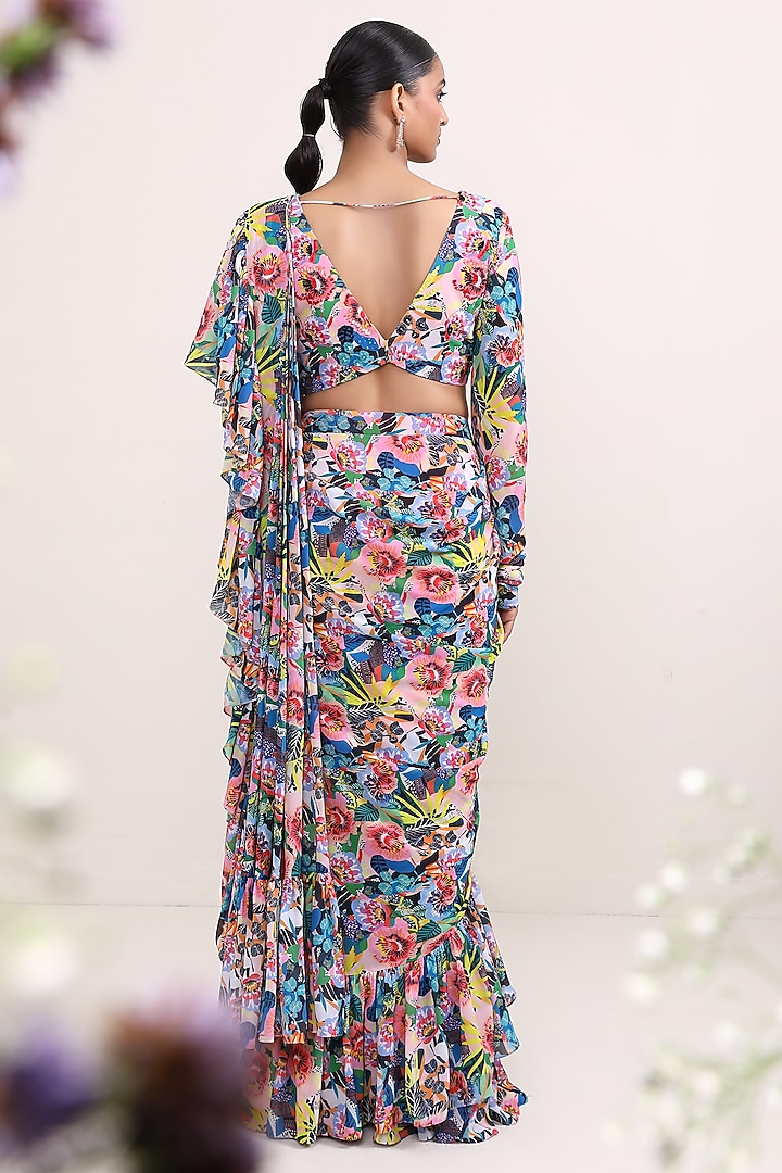 Multi-Colored Georegtte Printed Draped Ruffled Party Wear Saree Set by Miku Kumar at Pernia's Pop Up Shop