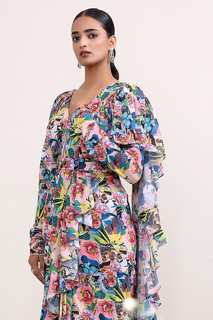 Multi-Colored Georegtte Printed Draped Ruffled Party Wear Saree Set by Miku Kumar at Pernia's Pop Up Shop