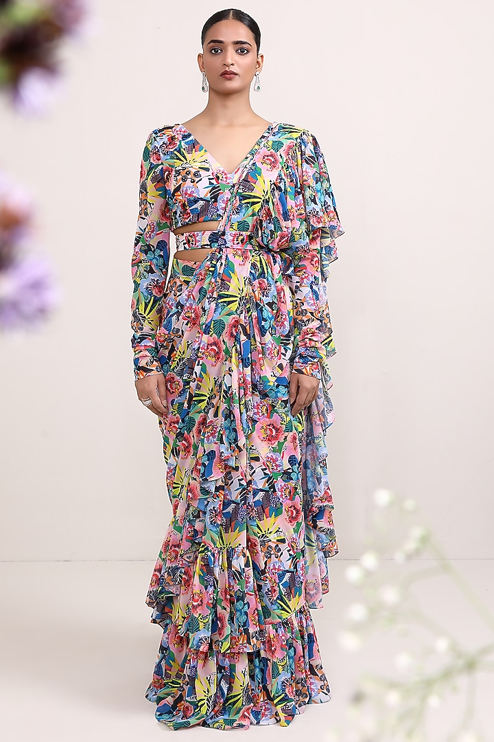 Multi-Colored Georegtte Printed Draped Ruffled Party Wear Saree Set by Miku Kumar at Pernia's Pop Up Shop