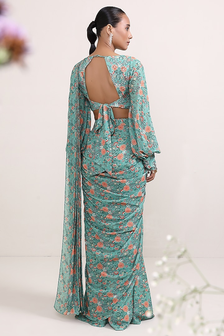 Green Georgette Boho Printed Draped Party Wear Saree Set by Miku Kumar at Pernia's Pop Up Shop