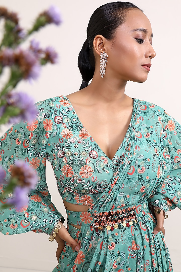 Green Georgette Boho Printed Draped Party Wear Saree Set by Miku Kumar at Pernia's Pop Up Shop