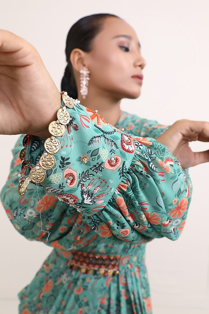 Green Georgette Boho Printed Draped Party Wear Saree Set by Miku Kumar at Pernia's Pop Up Shop
