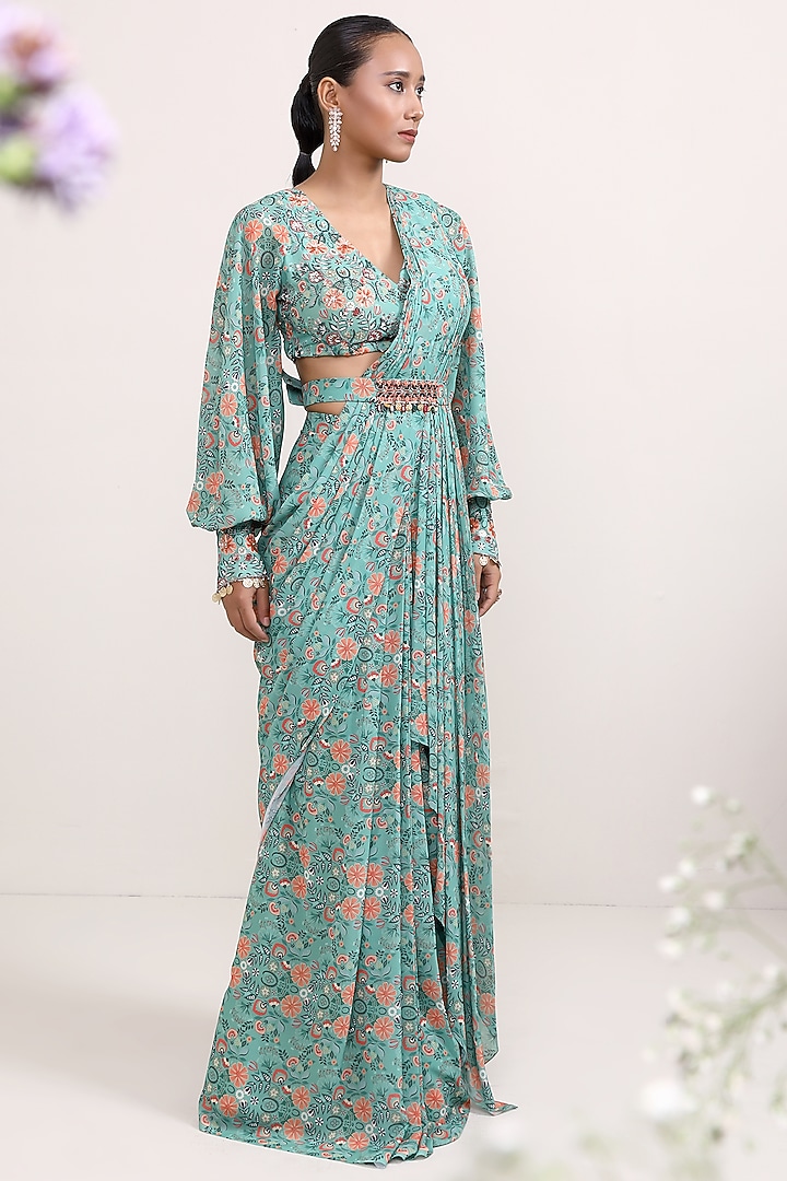 Green Georgette Boho Printed Draped Party Wear Saree Set by Miku Kumar at Pernia's Pop Up Shop
