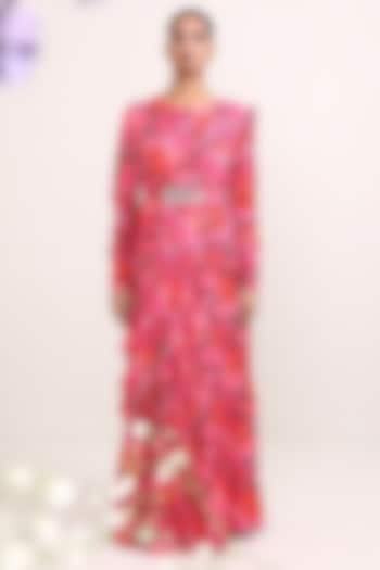 Pink Georgette Floral Printed Draped Gown Saree With Belt by Miku Kumar