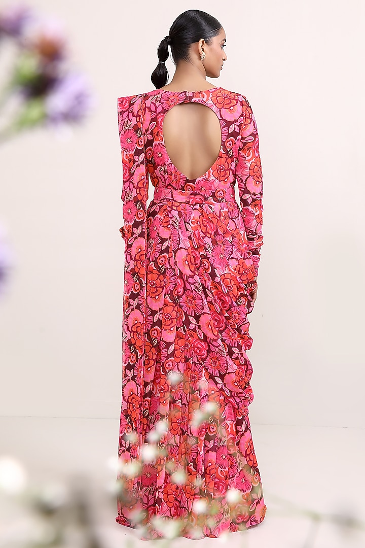 Pink Georgette Floral Printed Draped Party Wear Gown Saree With Belt by Miku Kumar at Pernia's Pop Up Shop