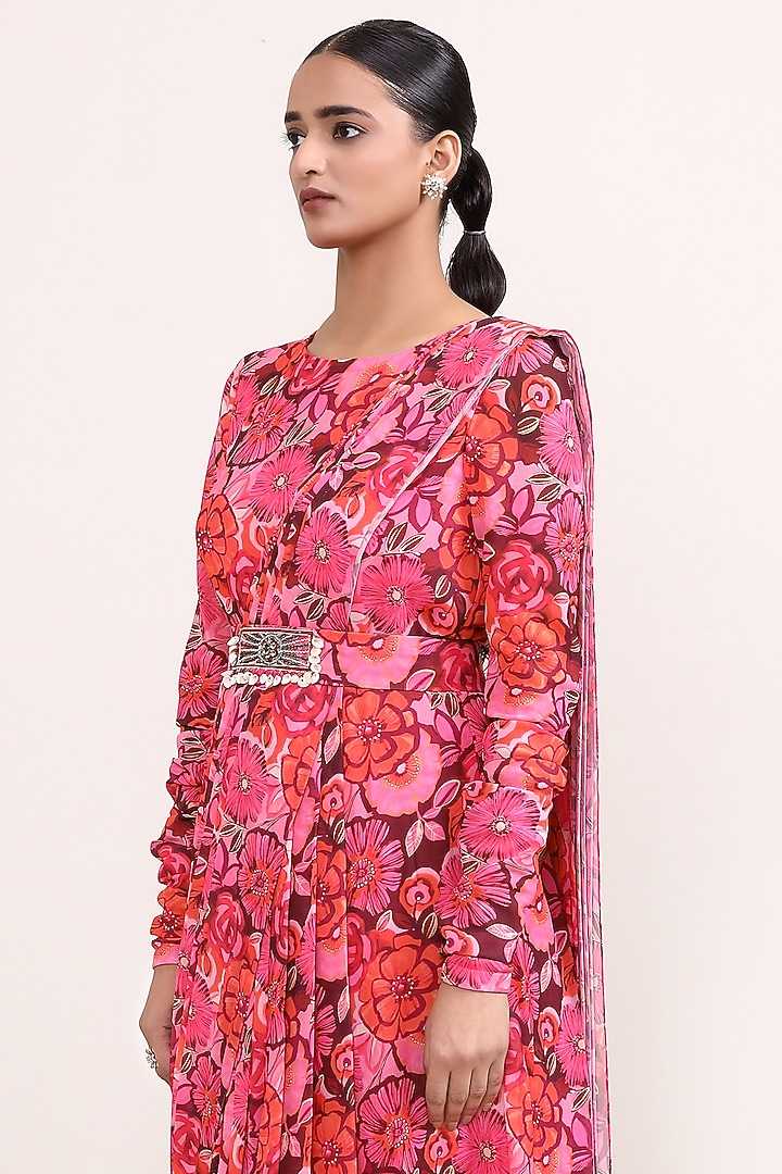 Pink Georgette Floral Printed Draped Party Wear Gown Saree With Belt by Miku Kumar at Pernia's Pop Up Shop