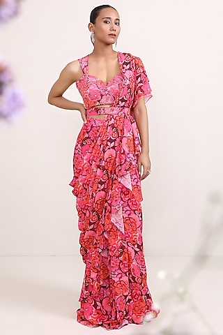Pink Georgette Floral Printed Draped Saree Set by Miku Kumar