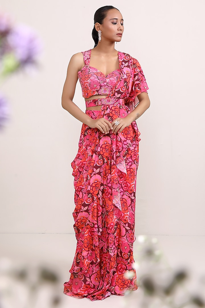 Pink Georgette Floral Printed Draped Party Wear Saree Set by Miku Kumar at Pernia's Pop Up Shop