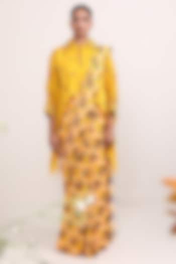 Yellow Georgette Animal Printed Draped Saree Set by Miku Kumar