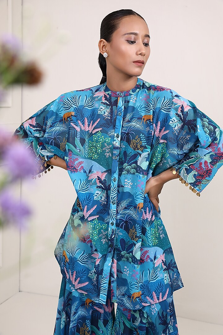 Blue Georgette Printed Party Wear Sharara Set by Miku Kumar at Pernia's Pop Up Shop